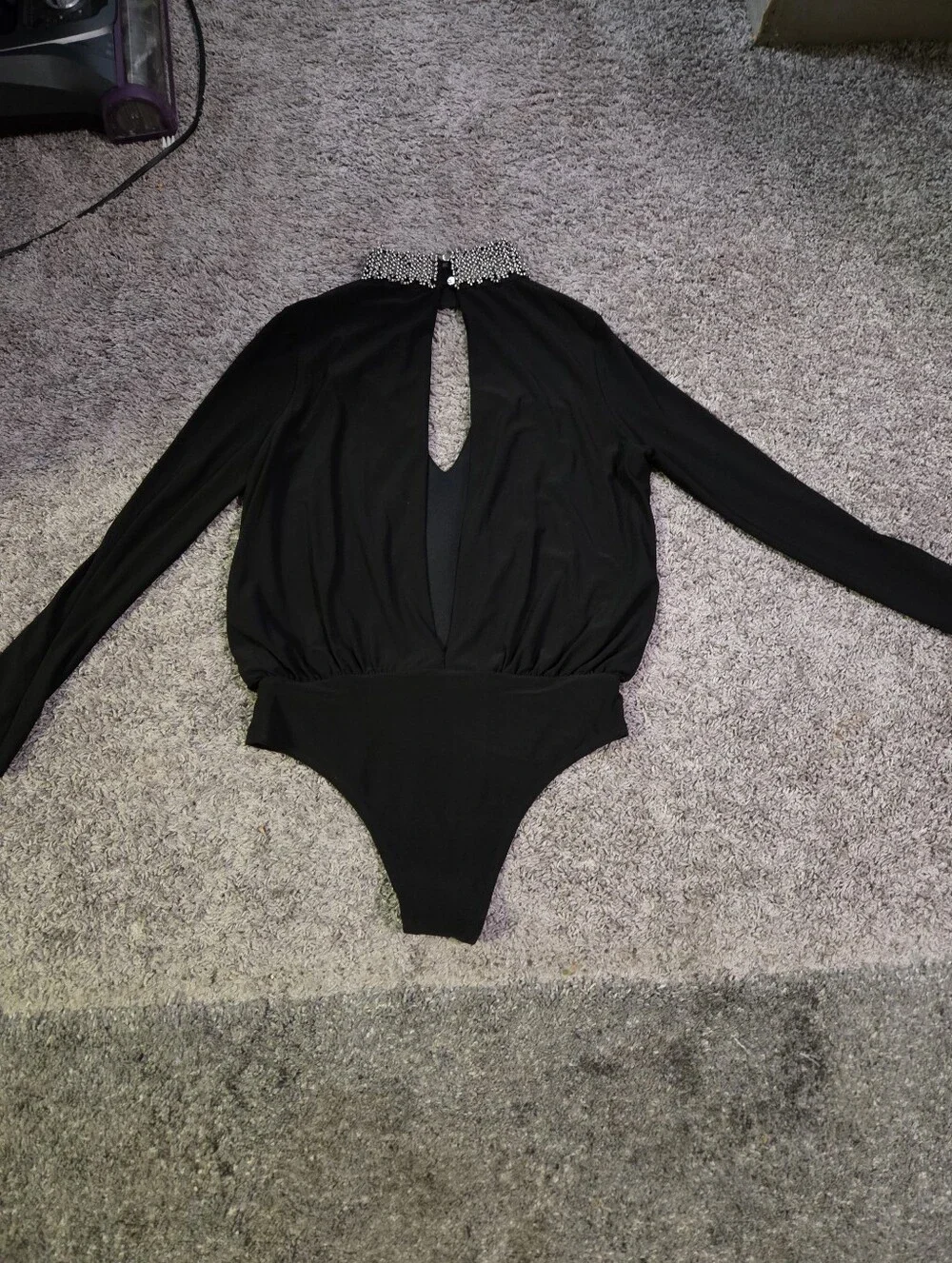 Lipsy Black Long-Sleeve Bodysuit with Embellished Collar